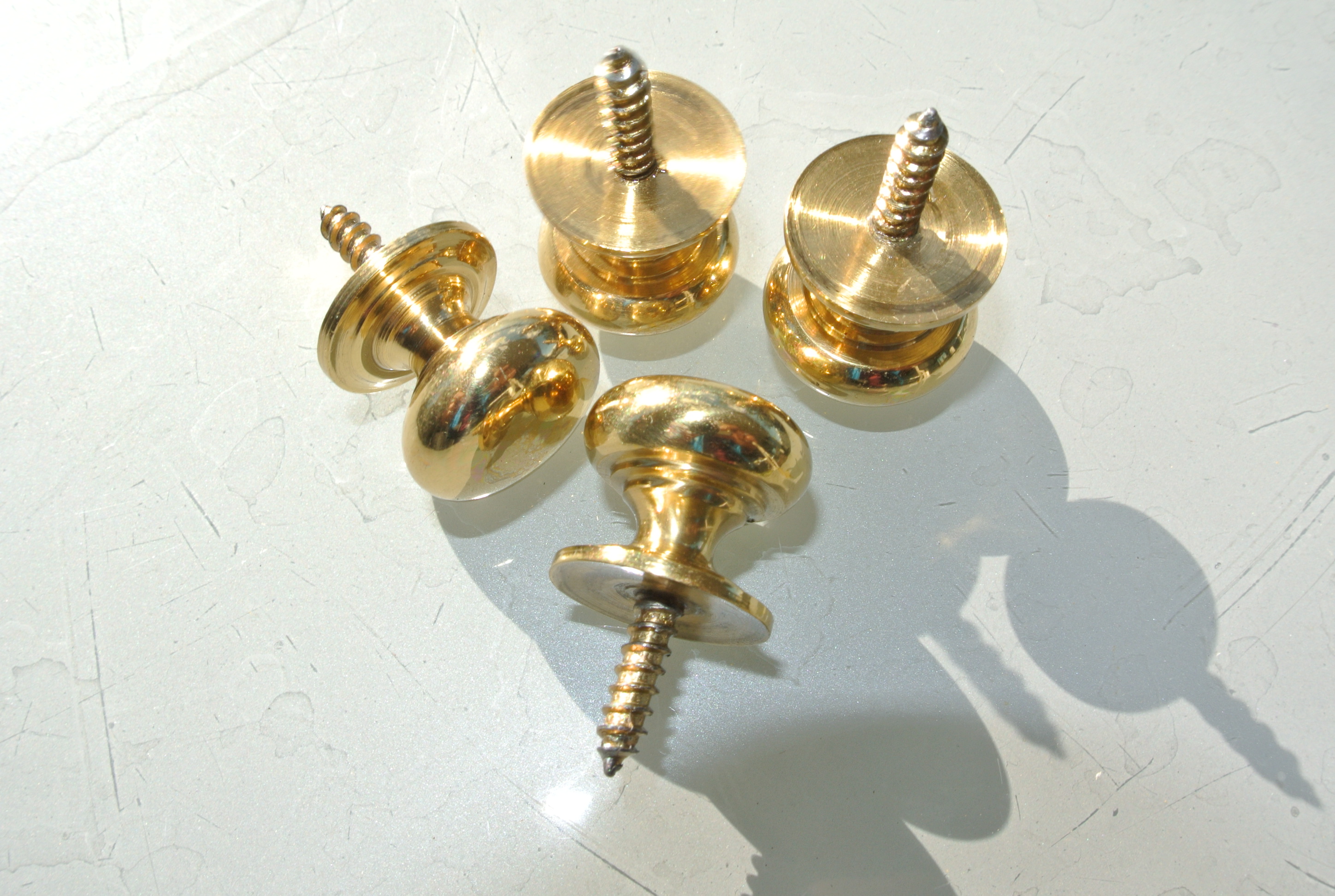 4 very small screw KNOBS pulls handles antique solid heavy brass drawer