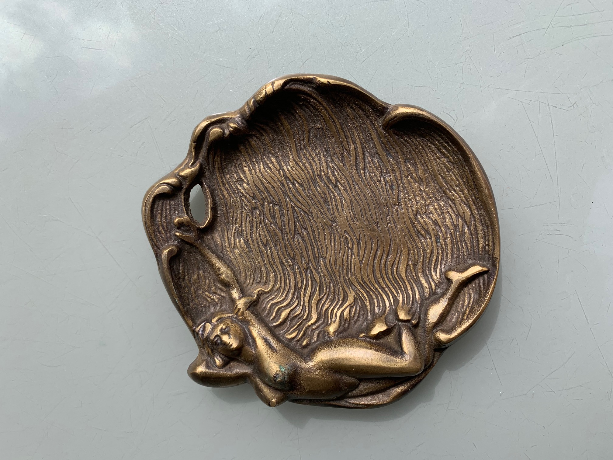 Art Nouveau Naked Reclining Lady Solid Brass Deco Australiana Tray