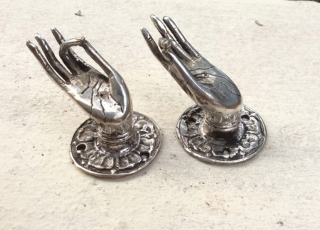 2 tiny finger Pull handle silver brass door antique old style HAND knob hook B