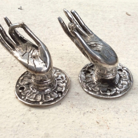 2 tiny finger Pull handle silver brass door antique old style HAND knob hook B