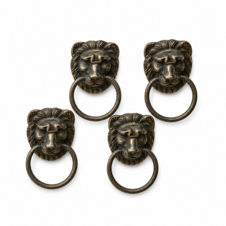4 Lion Drawer Pull Handles Solid Brass Antique Ring Pulls Vintage Cabinet Handles 
