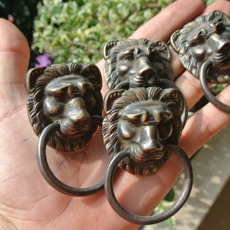 4 PULLS handles Small heavy LION SOLID BRASS old style screws house antiques B