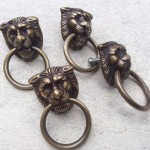 4 tiny PULLS handles Small heavy LION SOLID BRASS old style house antiques B