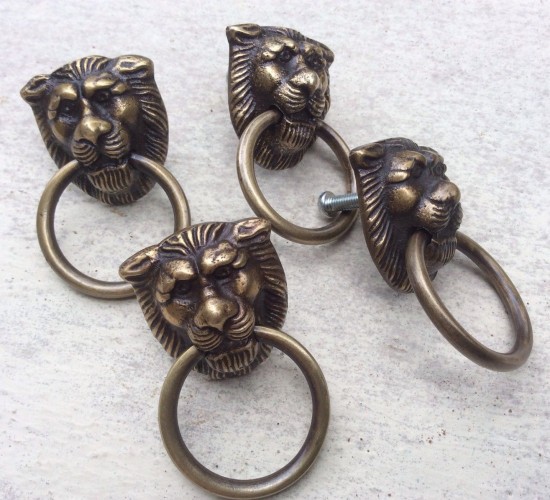 4 tiny PULLS handles Small heavy LION SOLID BRASS old style house antiques B
