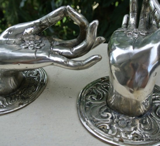 2 large BUDDHA Pull handles hand silver plated hollow brass door old style 10 cm back plate knob gate bronze colour fingers hook