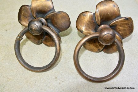 2 FLOWER handle ring pull solid brass heavy old vintage old style DOOR 3" B