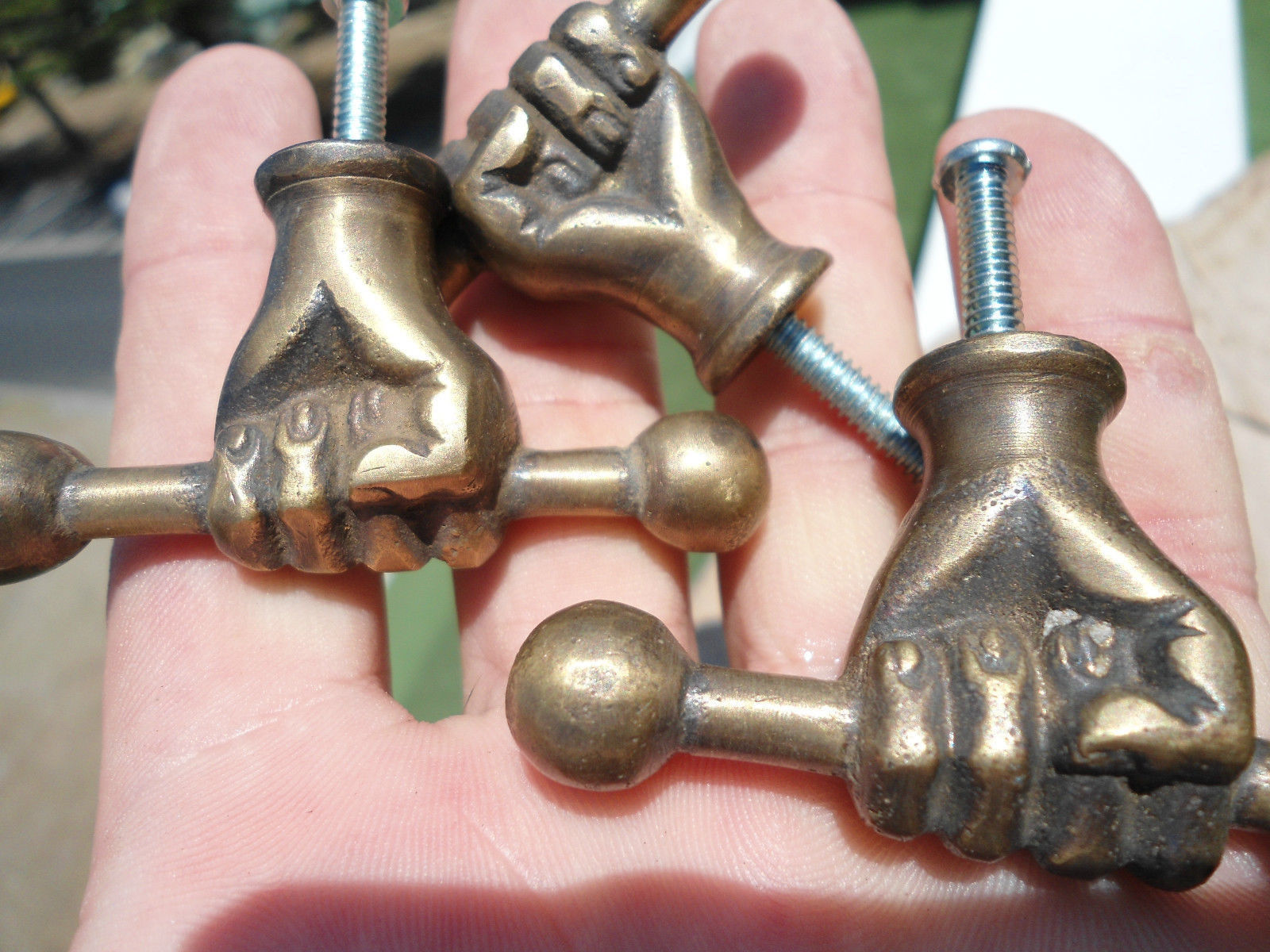 3 large pulls handles FIST solid brass old style shape of HAND knobs heavy 66mm