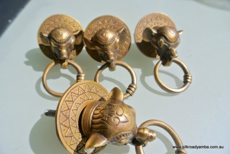 4 ELEPHANT pulls handles antique solid brass vintage drawer knobs ring 2.1/4"