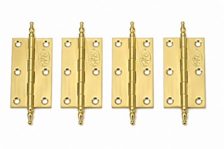4 Small Solid Brass Hinges 2.5” Vintage Style Box Door Hinges With Polished Finials