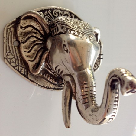 ELEPHANT shape WALL HOOK BRASS old style SILVER plate SCREW to wall trunk hang
