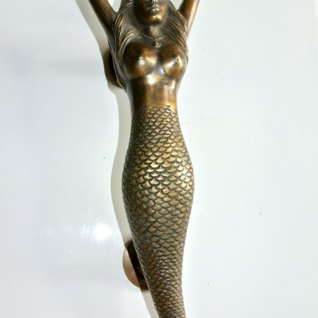 Right hand large MERMAID solid brass door PULL old style heavy house PULL handle 15" aged