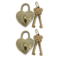 2 Complete Sets EMBOSSED 3" Vintage Style Antique HEART LOVE PADLOCK Shape Solid Brass Heavy Locks & 4 Keys