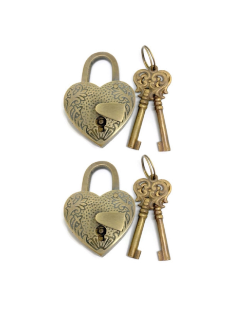 2 Complete Sets EMBOSSED 3" Vintage Style Antique HEART LOVE PADLOCK Shape Solid Brass Heavy Locks & 4 Keys