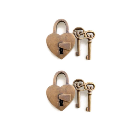 2 Vintage Heart Shape Padlocks Solid Brass Wedding Love Lock w/ 4 Keys