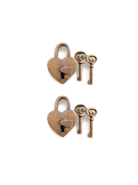 2 Vintage Heart Shape Padlocks Solid Brass Wedding Love Lock w/ 4 Keys