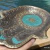 Buddha TRAY engraved hand shape 8 " inches long plate solid brass bowl