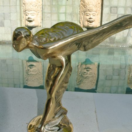 POLISHED BRASS CAR emblem over size MASCOT Replica of ROLLS ROYCE FLYING LADY EMBLEM. Same shape as from the famous car but larger hand made from brass Spirit of Ecstasy Old style. Very nice item. Heavy. Antique looking. 7 inches high Size 190mm high x 175mm x 140mm approx base 75mm across