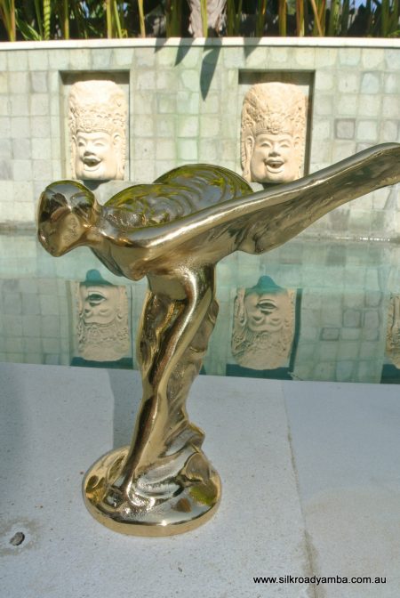 POLISHED BRASS CAR emblem over size MASCOT Replica of ROLLS ROYCE FLYING LADY EMBLEM. Same shape as from the famous car but larger hand made from brass Spirit of Ecstasy Old style. Very nice item. Heavy. Antique looking. 7 inches high Size 190mm high x 175mm x 140mm approx base 75mm across