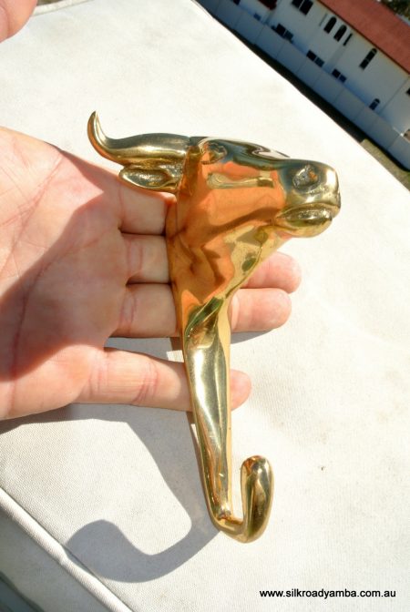 small BULL COAT HOOK solid POLISHED brass antiques vintage old style 6" hook heavy