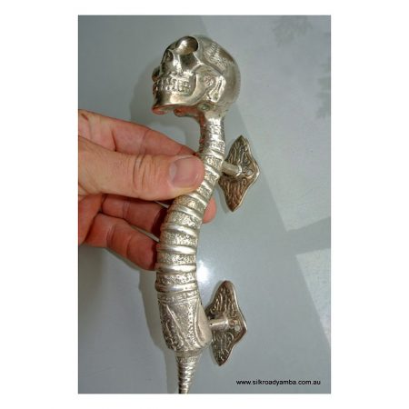small SKULL handle 8 " inch DOOR PULL spine solid BRASS silver plate over brass hand made 210mm day of the dead hollow