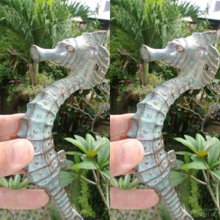 2 fine small SEAHORSE solid brass door old style house PULL handle 10" antique green