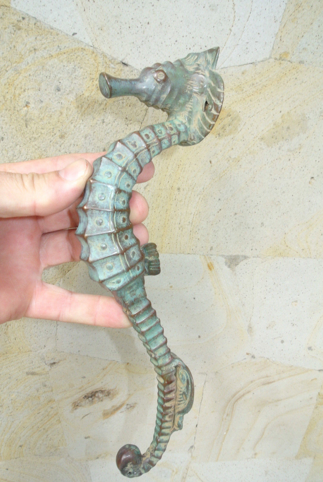 4 small aged SEAHORSE solid brass door old style PULL handle 10" seaside B 