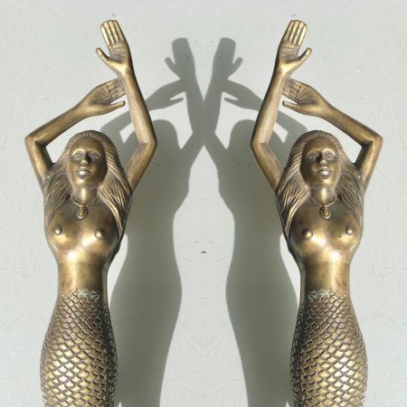 2 large MERMAID solid brass door PULL old style heavy house PULL handle 15" aged PAIR