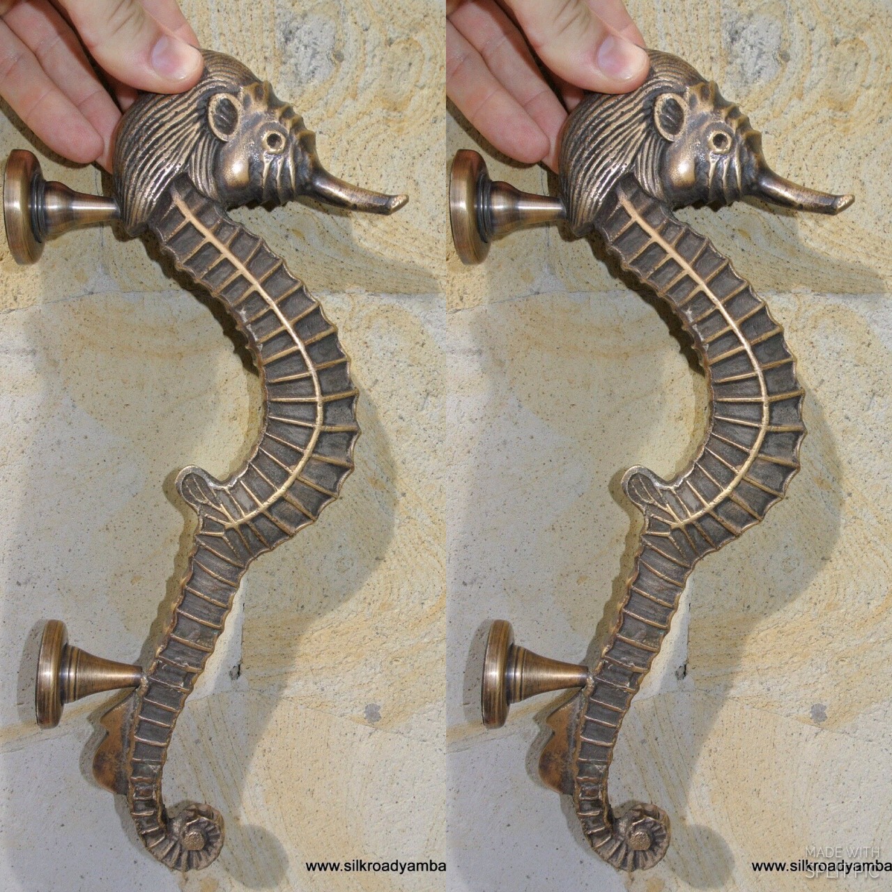 Massive 60cm SEAHORSE solid pure brass door old style heavy PULL handle 24” B 