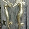 2 Skinny stunning 13 "inch MERMAID solid real brass (hollow) door PULL old style house handle 34 cm aged polished pair seaside gate grab
