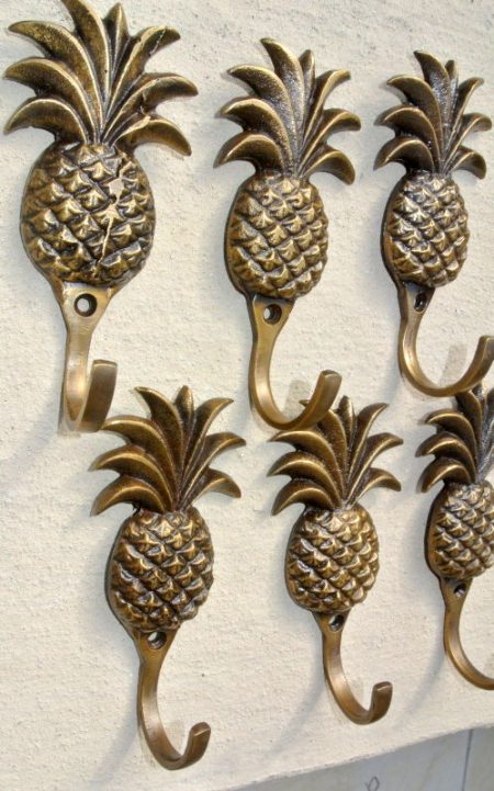8 PINEAPPLE COAT HOOKS 4" small solid brass aged antiques vintage old style 100mm hook 10 cm bronze patina