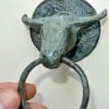 4 small bull head heavy Door handle solid brass vintage antique style ring 7 cm hook Bronze patina