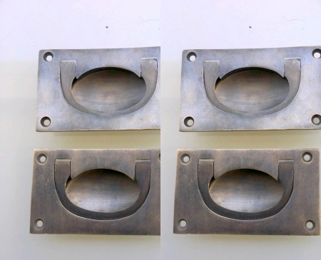 4 heavy RECESSED pulls handles BOX antique solid brass vintage old replace drawer 3.1/2" bronze patina
