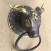 4 small bull head heavy Door handle solid brass vintage antique style ring 7 cm hook Bronze patina