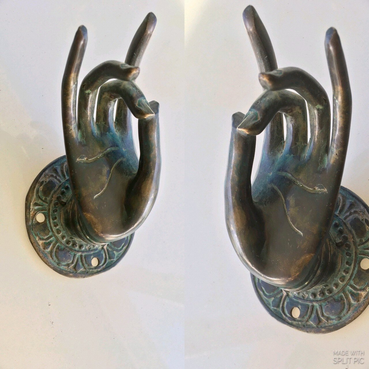2 BUDDHA Pull handle hand brass age green patina door old style knob hook 7cm B 