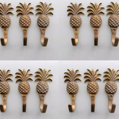 12 PINEAPPLE COAT HOOKS 4" small solid brass aged antiques vintage old style 100mm hook 10 cm bronze patina