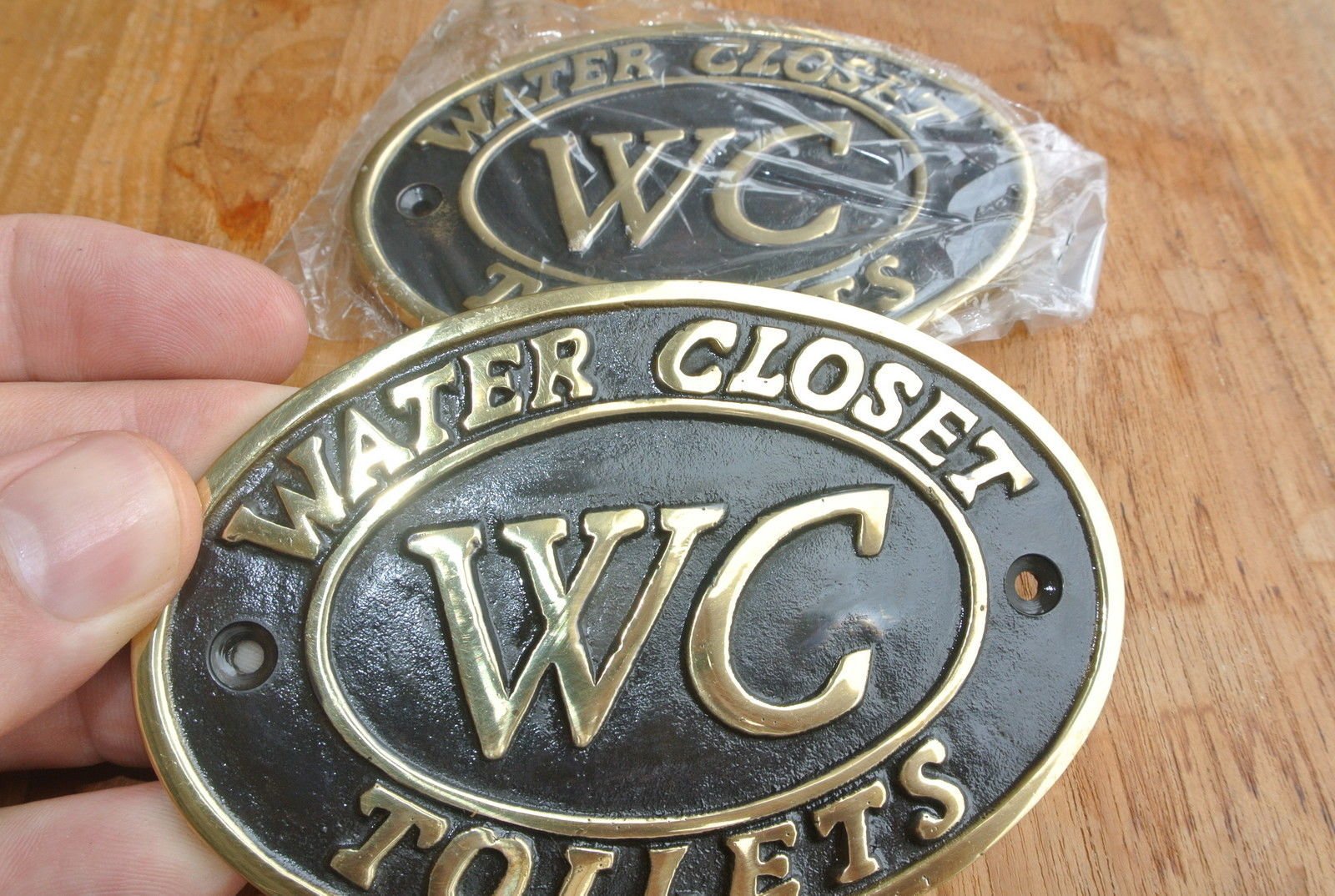 toilet solid brass signs " WC " water closet screw door cast heavy 11.5 cm B 