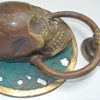 large round SKULL head ring pull 11.5 cm Handle pure brass 4" day of the dead door KNOCKER green Bronze patina skull skeleton ring grab