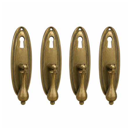 4 Oval Drop Pull Handles – Solid Brass 4 Vintage Keyhole Style Cabinet Drawer Pulls with Backplates – Code 6929