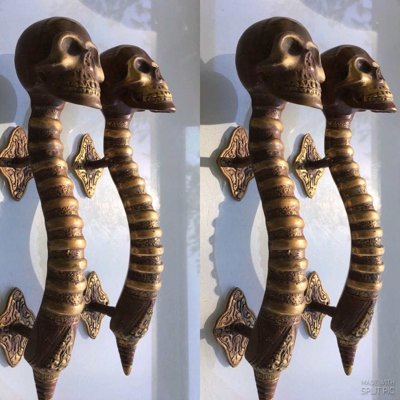 large 32 cm SKULL handle door pull spine pure brass old style natural polished brass  13 long heavy day of the dead grab door spine gothic