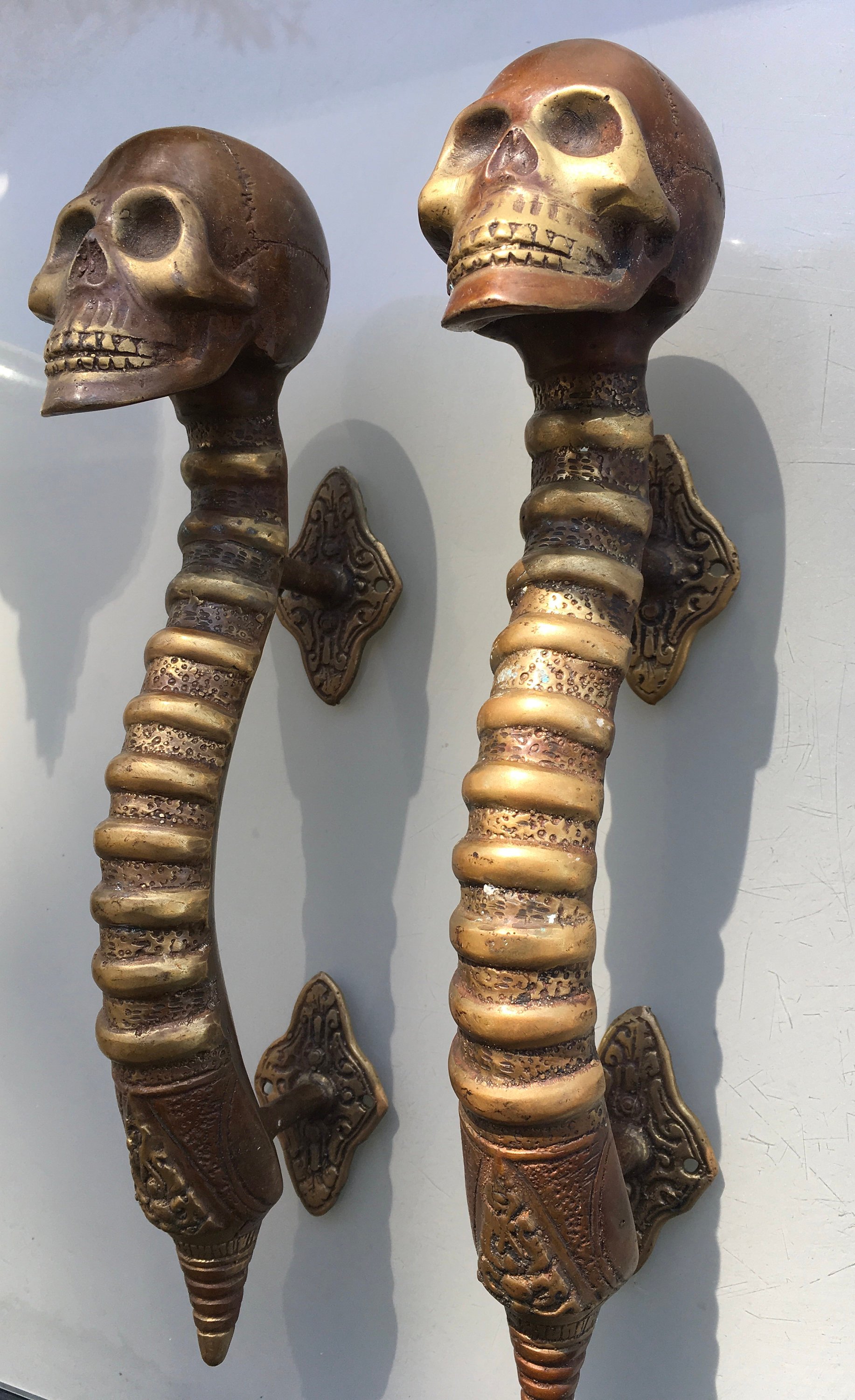4 Medium Skull Handle Door Pull Spine Solid Brass Old