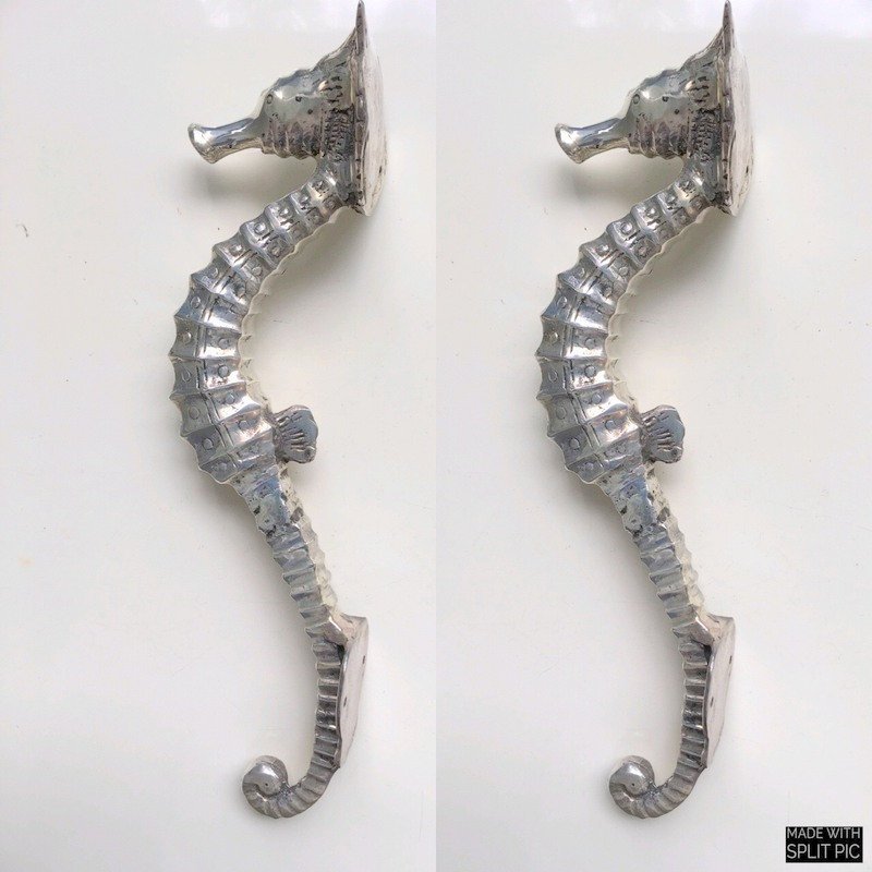 2 small SEAHORSE solid brass door SILVER old style house PULL handle 10" B 