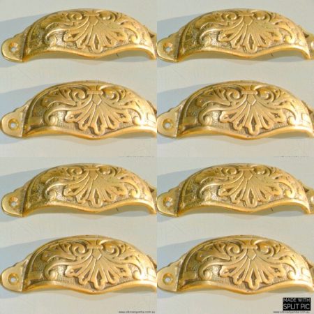 12 POLISHED shell shape pulls handles antique solid brass vintage old replace drawer kitchens drawers