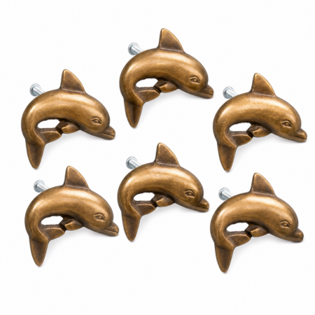 6 Small DOLPHIN Cabinet Door Knobs Solid Pure Brass Aged Antique Style Drawer Pull Handles 5cm Beach Bronze Patina