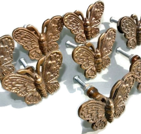 8 BUTTERFLY Shape Pulls Handles Antique Solid Brass Vintage Old Replacement Drawer Heavy Knobs