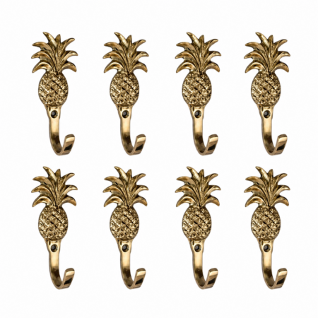 8 Small PINEAPPLE Brass Hooks – Solid Brass Wall Coat Hooks – Beach Style Vintage Pineapple Hangers – Set of 8