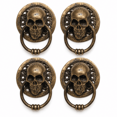 4 Small 3" Round Skull Head Ring Pull Handles – Solid Brass – Day of the Dead Cabinet Drawer Pulls