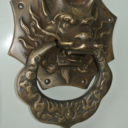 large Solid foo dragon heavy 14 cm wide pure Brass Door Knocker 8" long Chinese dog Head ring pull in mouth Vintage Front Door Knocker Door Decor