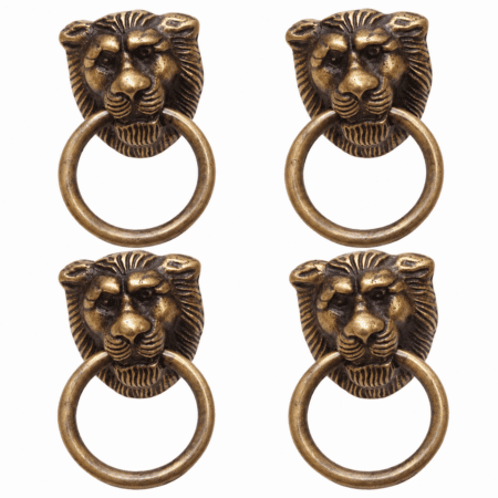 4 SMALL LION HEAD SOLID BRASS PULL HANDLES – HEAVY ANTIQUE VINTAGE CABINET FURNITURE PULLS