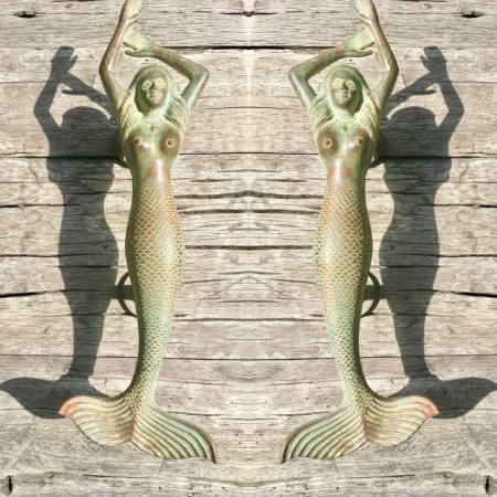 2 large MERMAID antique oxidized seaside green patina solid brass door PULL old style heavy house PULL handle 15" aged PAIR