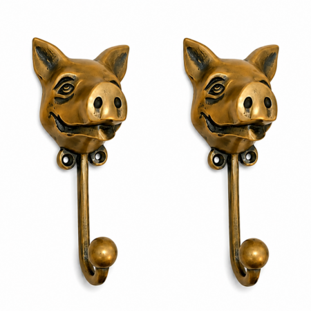 4 Large Pig Coat Hooks Solid Brass Vintage Antique Wall Hooks Pig Head Rustic Farmhouse Beach House Decor
